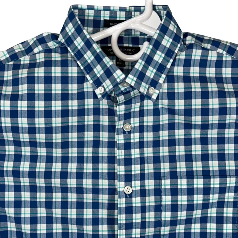 Banana Republic Mens Slim Flex Fit Tech Stretch Plaid Button Down Shirt Blue M